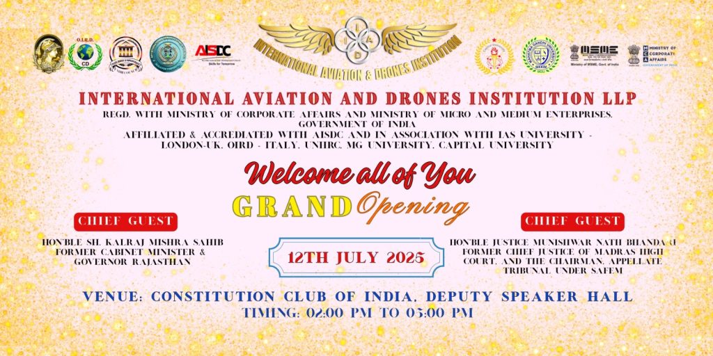 Locandina dell'inaugurazione dell'International Aviation and Drones Institution, 12 luglio 2025, Constitution Club of India